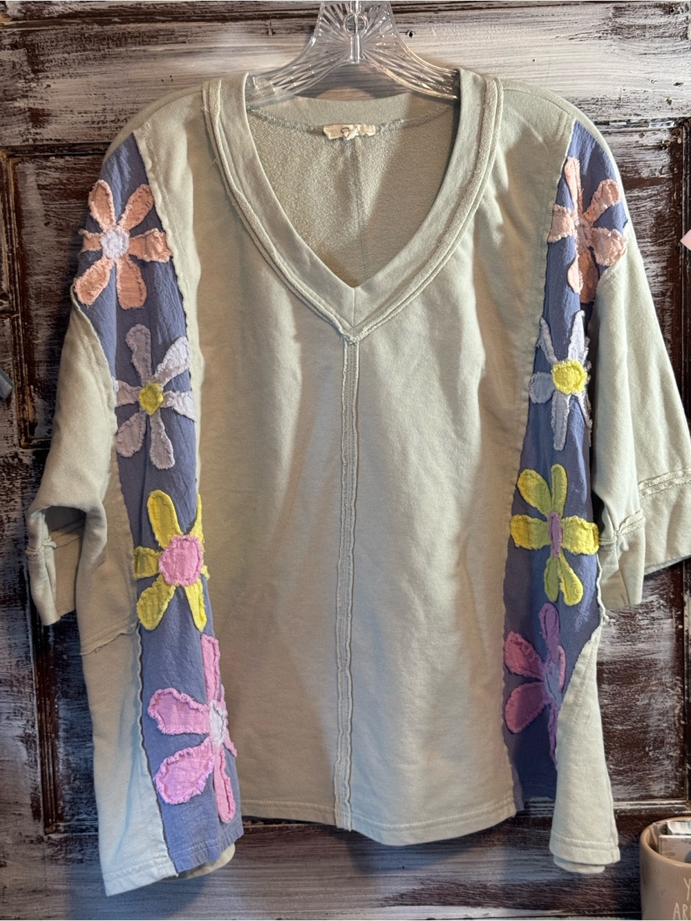 Easel Oversized Cream V-Neck Sweatshirt with Multicolor Floral Sleeve Panels - Picture 2 of 8